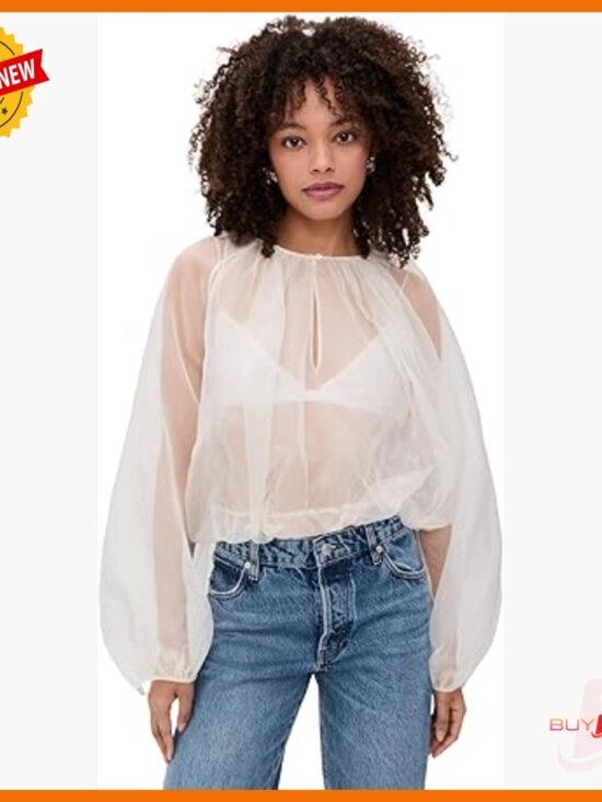 Tops - Silk Sheer Balloon Blouse Long Sleeve Crew Neck Pull On
